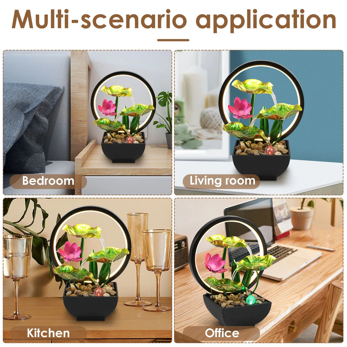Fontana da tavolo con cascata, alimentata tramite USB, con rocce naturali e luci LED ad anello per l'arredamento della casa