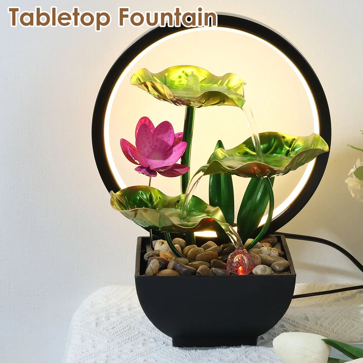 Fontana da tavolo con cascata, alimentata tramite USB, con rocce naturali e luci LED ad anello per l'arredamento della casa