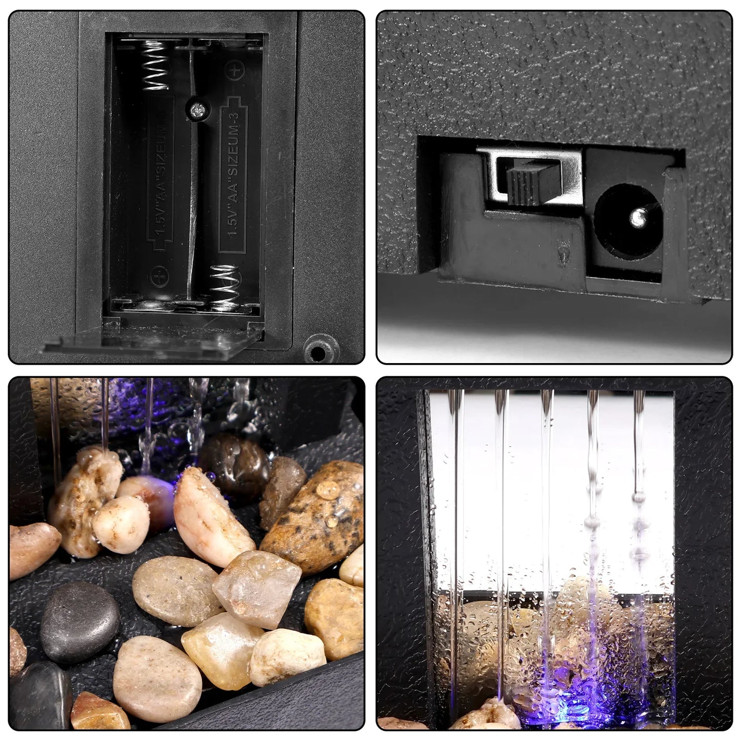 Fontana da tavolo con luce, mini fontana da interni a batteria/USB, fontana per meditazione Zen, decorazione con suono
