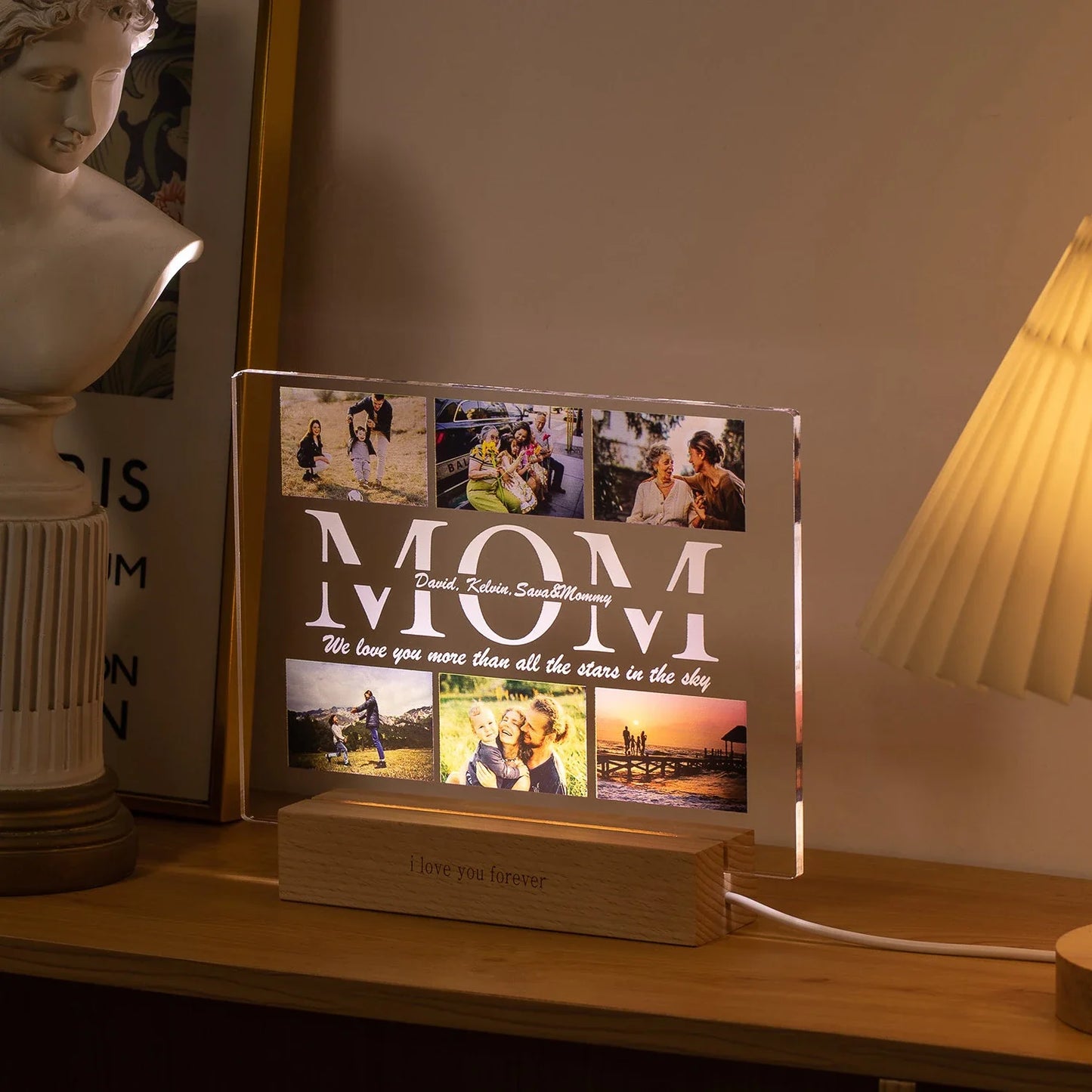 Lampada da notte in acrilico 3D con testo fotografico personalizzato, luce notturna per camera da letto personalizzata per mamma, papà, famiglia, compleanno, regalo di Natale