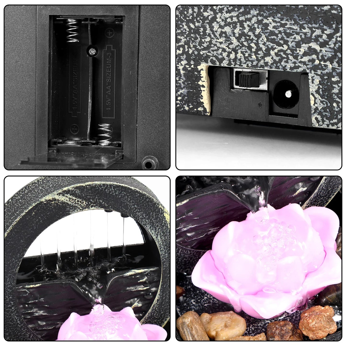 Fontana da tavolo con luce, mini fontana da interni a batteria/USB, fontana per meditazione Zen, decorazione con suono