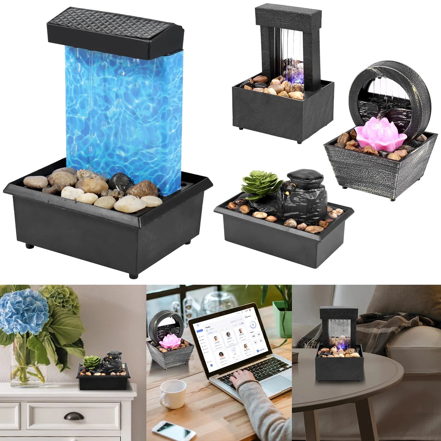 Fontana da tavolo con luce, mini fontana da interni a batteria/USB, fontana per meditazione Zen, decorazione con suono