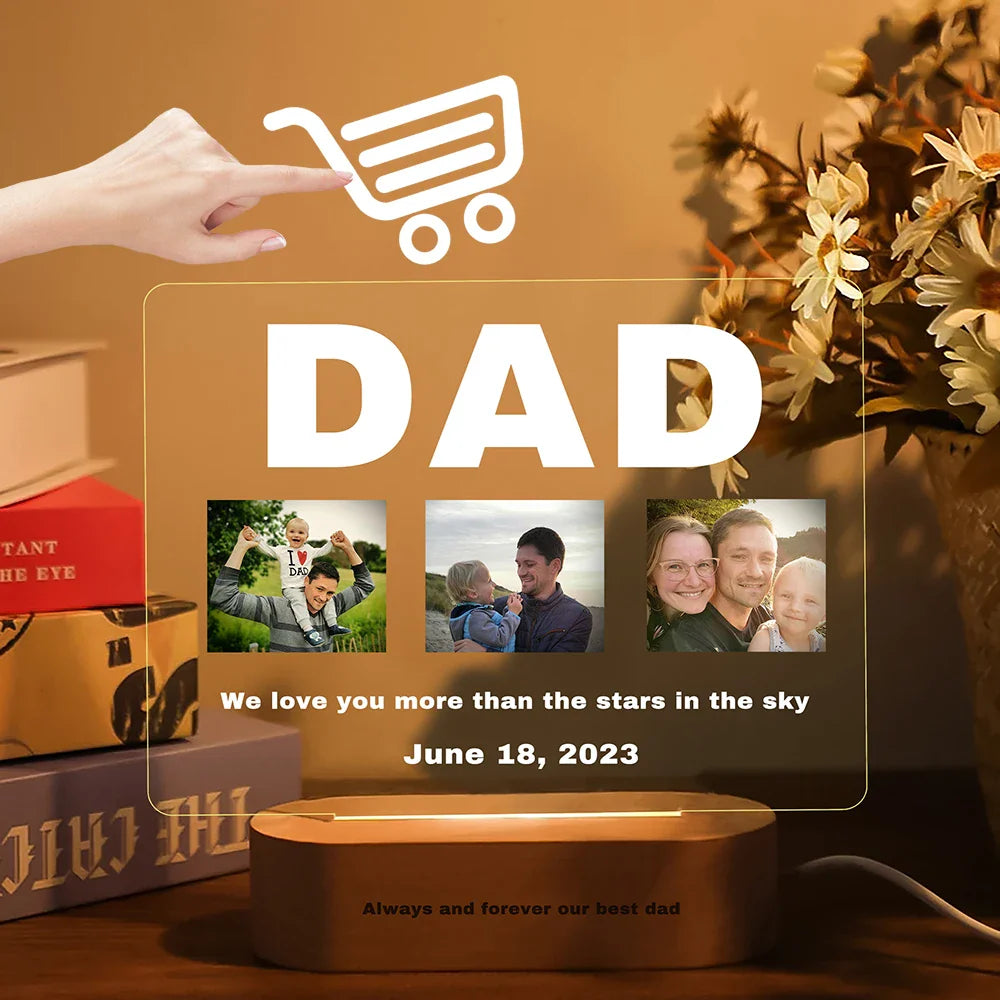 Lampada da notte in acrilico 3D con testo fotografico personalizzato, luce notturna per camera da letto personalizzata per mamma, papà, famiglia, compleanno, regalo di Natale