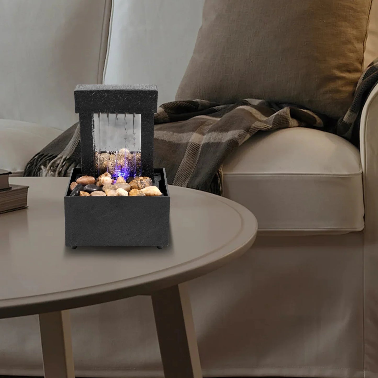 Fontana da tavolo con luce, mini fontana da interni a batteria/USB, fontana per meditazione Zen, decorazione con suono