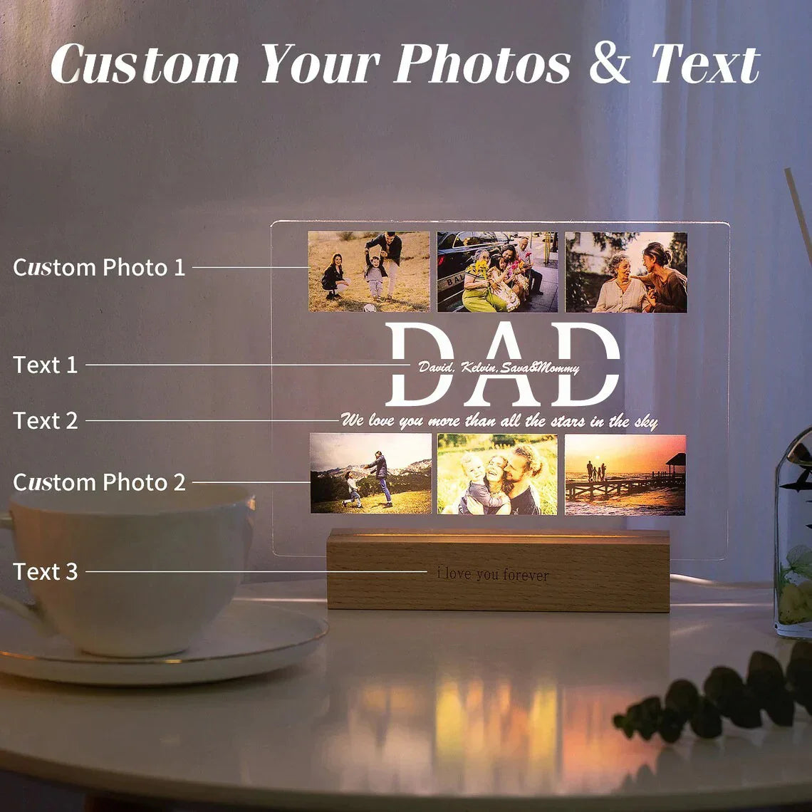 Lampada da notte in acrilico 3D con testo fotografico personalizzato, luce notturna per camera da letto personalizzata per mamma, papà, famiglia, compleanno, regalo di Natale