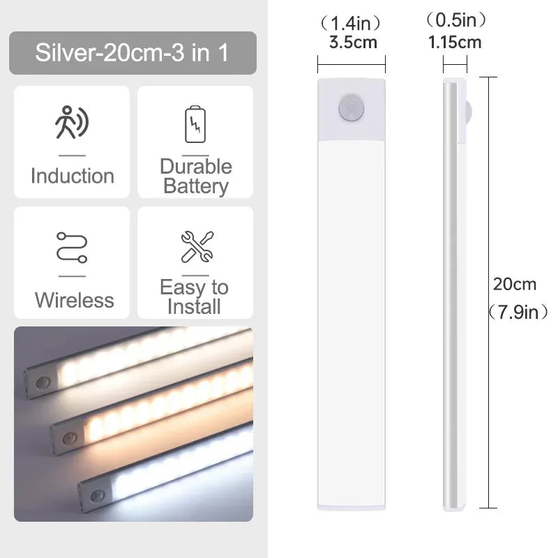Luci sottopensile a LED con sensore di movimento, luce notturna, lampade sottili ricaricabili e dimmerabili, illuminazione per armadietti da cucina, camere da letto e guardaroba