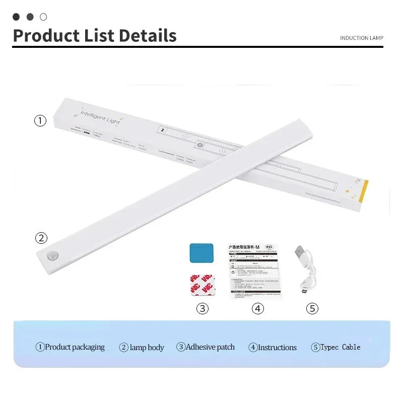 Luci sottopensile a LED con sensore di movimento, luce notturna, lampade sottili ricaricabili e dimmerabili, illuminazione per armadietti da cucina, camere da letto e guardaroba