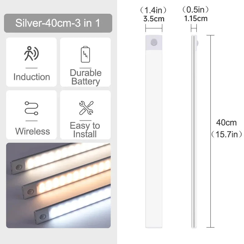 Luci sottopensile a LED con sensore di movimento, luce notturna, lampade sottili ricaricabili e dimmerabili, illuminazione per armadietti da cucina, camere da letto e guardaroba