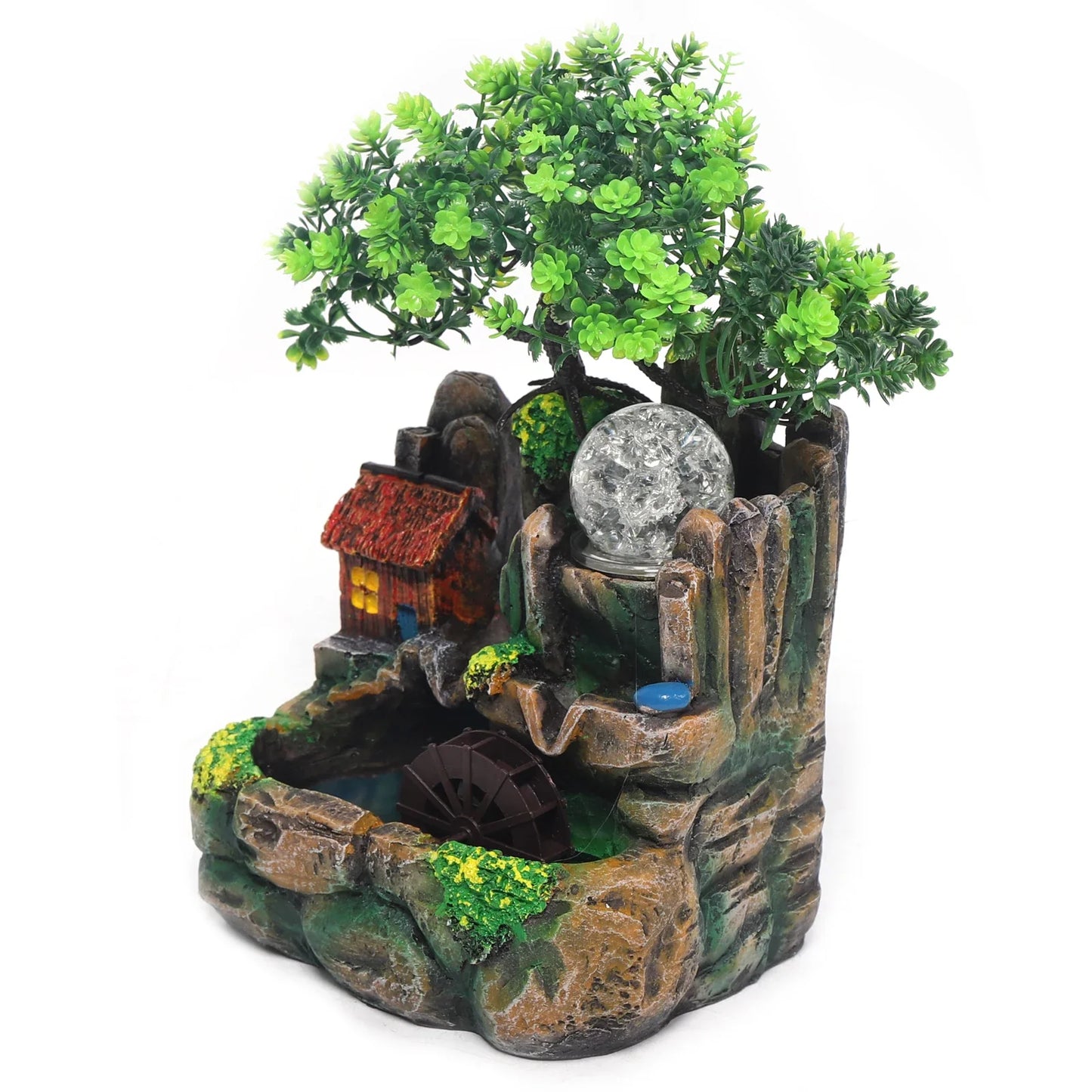 Cascata da tavolo con atomizzatore e fontana da giardino a sfera LED, illuminazione LED RGB, pianta verde