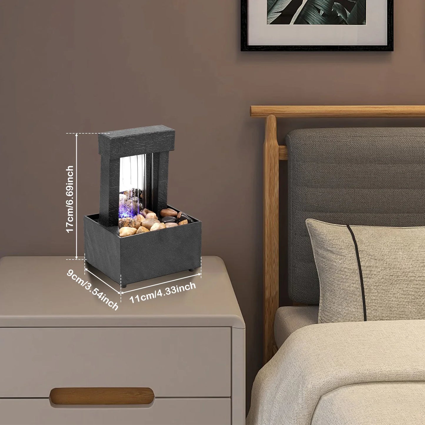 Fontana da tavolo con luce, mini fontana da interni a batteria/USB, fontana per meditazione Zen, decorazione con suono