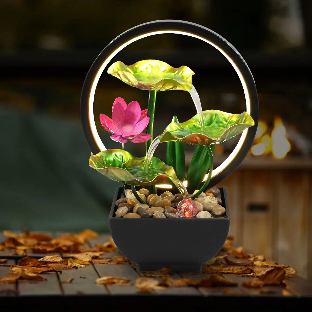 Fontana da tavolo con cascata, alimentata tramite USB, con rocce naturali e luci LED ad anello per l'arredamento della casa