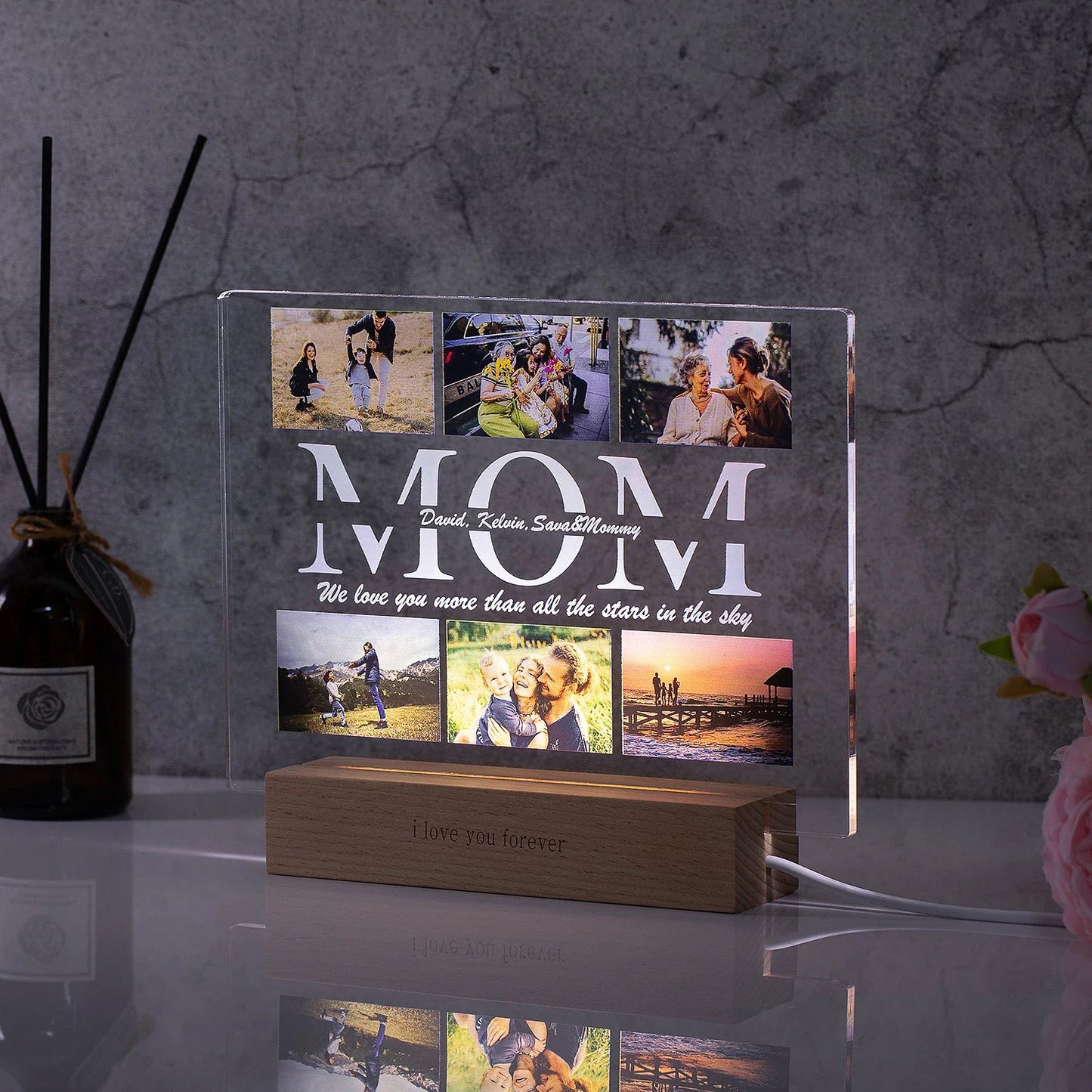 Lampada da notte in acrilico 3D con testo fotografico personalizzato, luce notturna per camera da letto personalizzata per mamma, papà, famiglia, compleanno, regalo di Natale