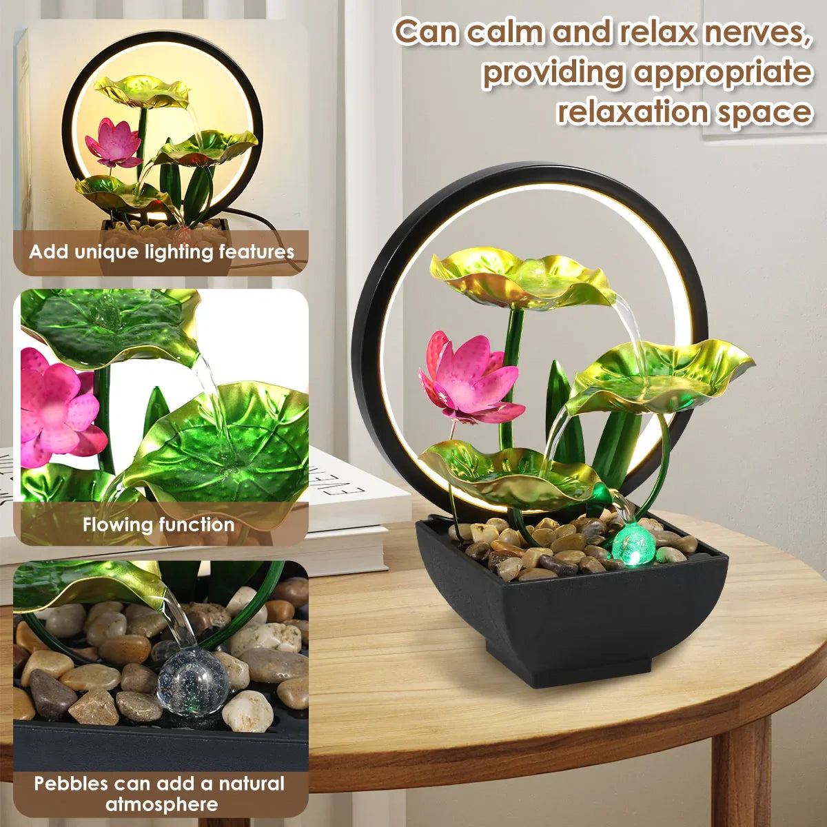 Fontana da tavolo con cascata, alimentata tramite USB, con rocce naturali e luci LED ad anello per l'arredamento della casa