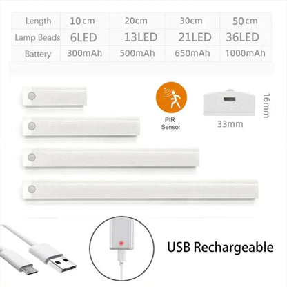 Sensore di movimento PIR LED Lampada da sottopensile dimmerabile Luce notturna ricaricabile Luce per scale Armadio Stanza Corridoio Tubo Barra Rilevatore Lampadina