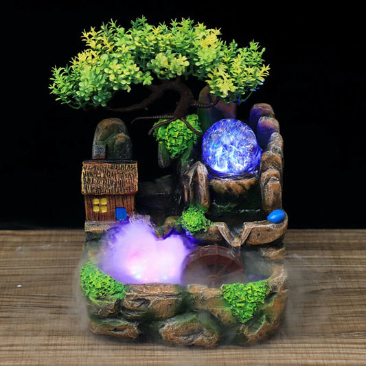 Cascata da tavolo con atomizzatore e fontana da giardino a sfera LED, illuminazione LED RGB, pianta verde