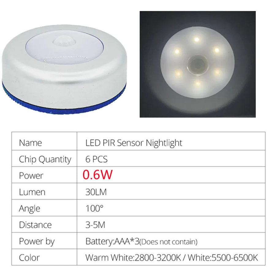Luce notturna con sensore di movimento PIR a 6 LED, rilevatore wireless a induzione del corpo umano, accensione/spegnimento automatico della luce per l'illuminazione del comodino domestico