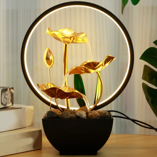 Fontana da tavolo con cascata, alimentata tramite USB, con rocce naturali e luci LED ad anello per l'arredamento della casa