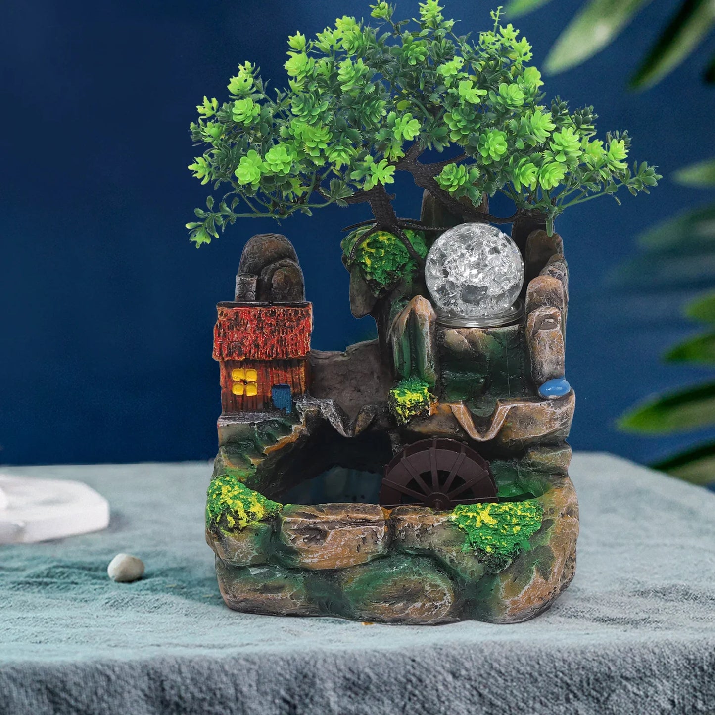 Cascata da tavolo con atomizzatore e fontana da giardino a sfera LED, illuminazione LED RGB, pianta verde