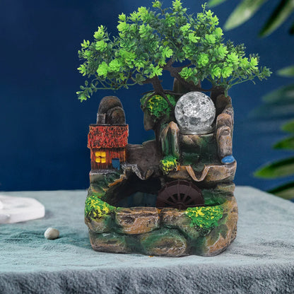 Cascata da tavolo con atomizzatore e fontana da giardino a sfera LED, illuminazione LED RGB, pianta verde